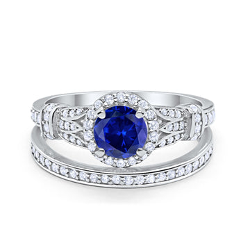 Two Piece Wedding Promise Ring Simulated Blue Sapphire CZ 925 Sterling Silver